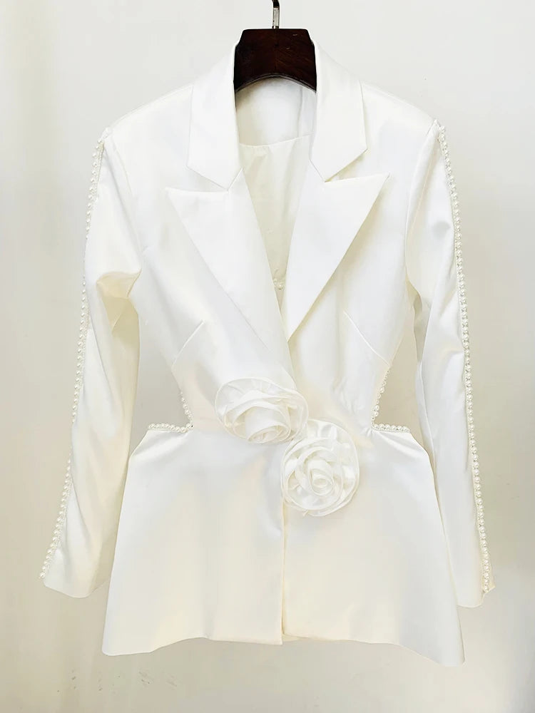 HIGH STREET Newest 2025 Designer Runway Fashion Women's Hollow Out Flowers Appliques Pearls Beaded Blazer Gauze Pants