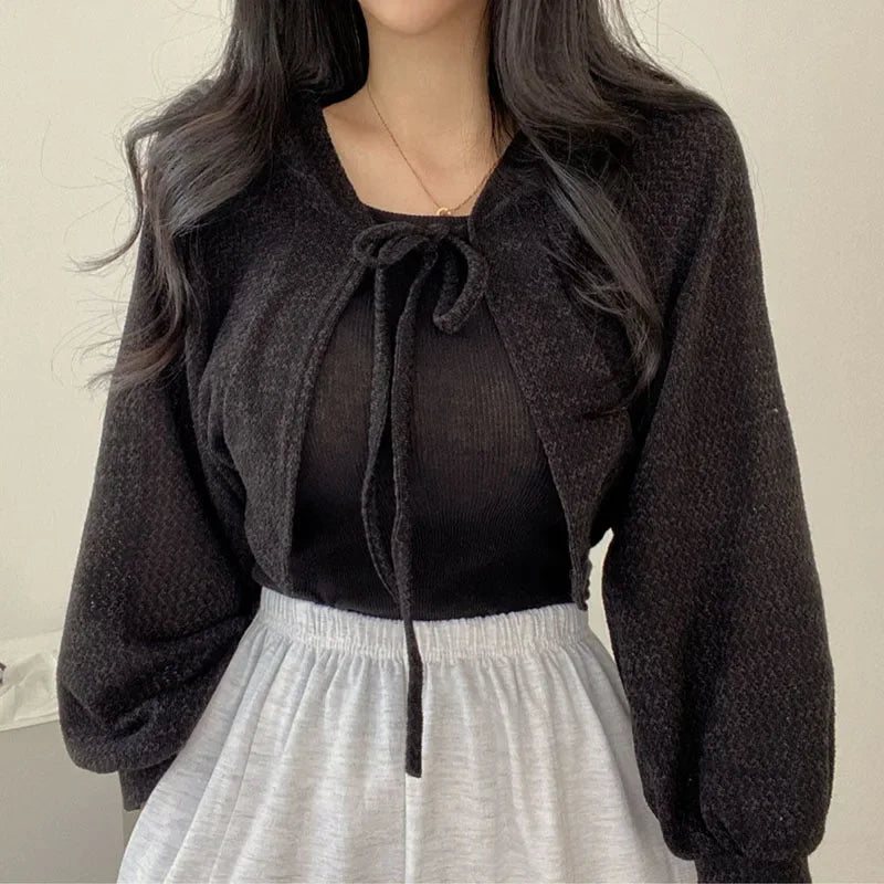 White Knitted Cardigan for Women Summer Thin Sunscreen Lace-Up Knitwear Tops Female Fashion Korean Lantern Sleeve Short Coat