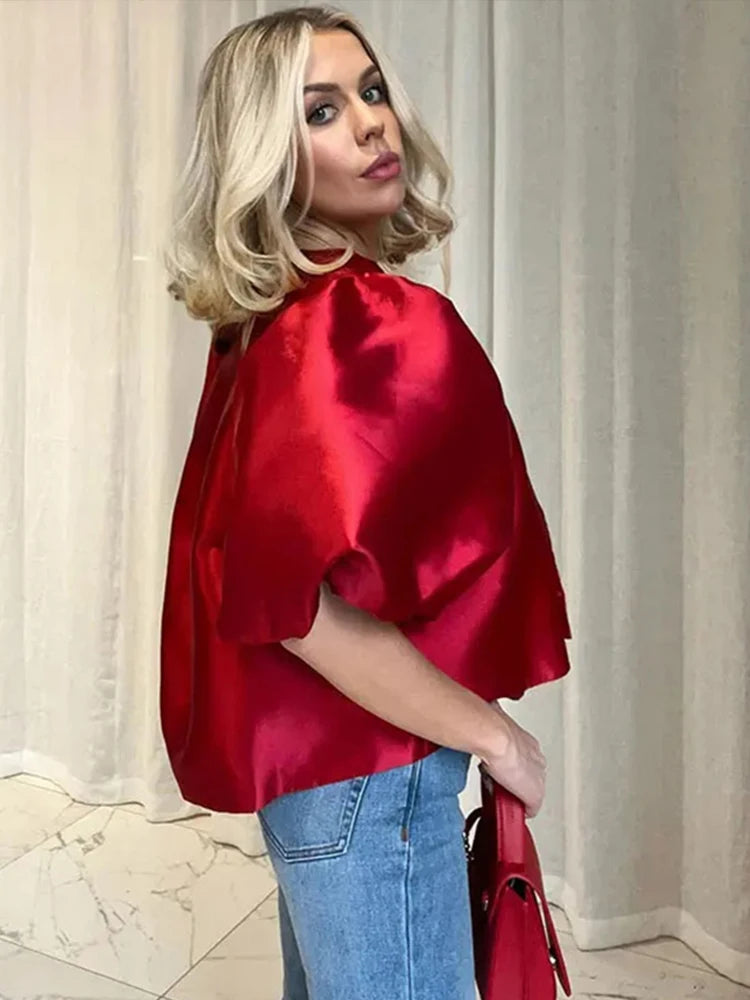O Neck Lantern Short Sleeve Women Top Loose Solid Female Blouse 2025 Fashion Elegant Office Spring Summer Casual Lady Shirts