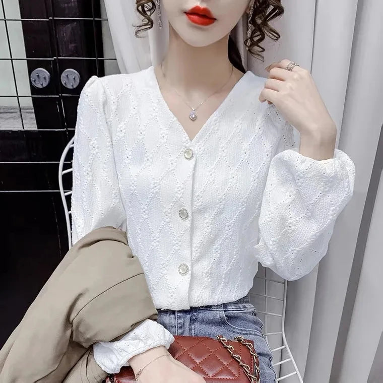 White All-match Fashion Jacquard Open Stitch Shirt Long Sleeve Polo-Neck Office Lady Chic Sexy Spring Autumn Loose Casual Blouse