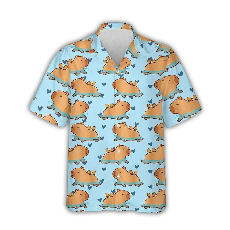 Kawaii Capybara Pattern Shirt Men's 3D Printed Hawaii Aloha Beach Men's Shirt Short Sleeve Cool Top Lapel Shirt