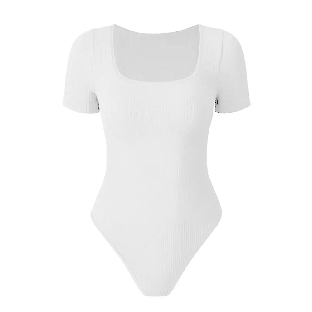 Women Solid Color Playsuit High Elasticity Tummy Control Bodysuit for Women Square Neck Playsuit with Tight Waist Short Sleeves