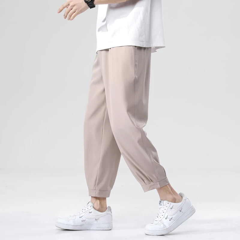 Ice Silk Summer Men's Ankle-length Pants Solid Loose Quick Dry Pants Mens Casual Elastic Lightweight Joggers Thin Business