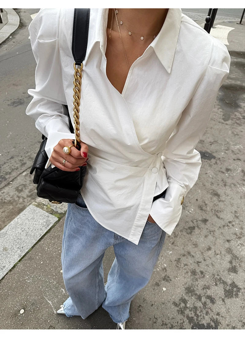 Elegant White Shirts Women Fashion Irregular Blouses Office Ladies Korean Long Sleeve Chic Buttons Slim Design Streetwear Tops