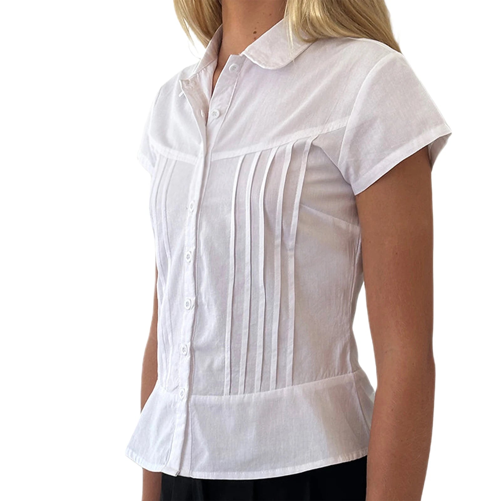 Women's Summer Slim Fit Shirt Solid Color Short Sleeve Lapel Button Down Pleated Tops Streetwear