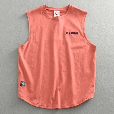 Summer New American Retro Sleeveless O-neck Letter Embroidery T-shirt Men's Fashion 100% Cotton Washed Casual Sports Vest Tops