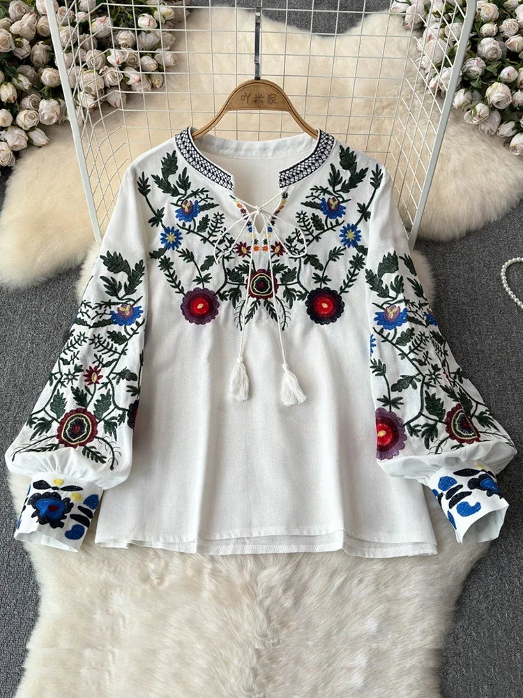 Women's Retro Blouse National Style Embroidered Lace-Up Tassel V-Neck Lantern Sleeve Tops Loose All-Match Female Blusa A21
