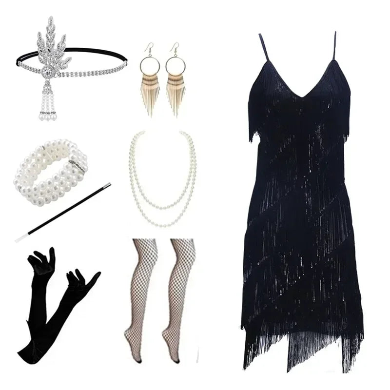 Party Gatsby Dress Evening Ball Gown Bodycon Trend Camisole Tassel Sheath Dress Women Sexy Sequins 1920 Vintage V-neck Dress