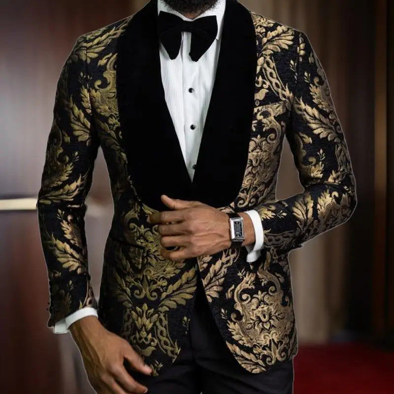 Floral Jacquard Blazer for Men 1 Piece Male Suit Jacket with Velvet Shawl Lapel Slim Fit for Prom African Fashion Wedding Groom