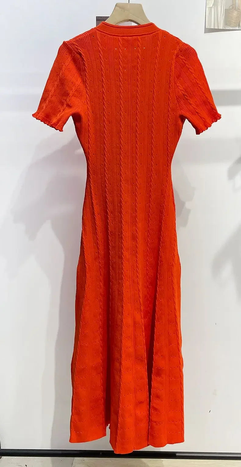 Women O-Neck White Knit Thread Mid-Length Dress Summer 2024 New Elegant Lady Ruffled Sleeve Single Breasted Slim Long Robe