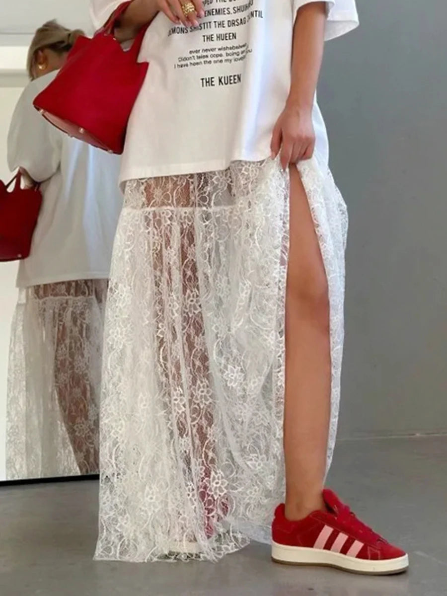 Lace Jacquard Transperant Skirt Women Summer New High Waist Sexy Casual Long Skirts 2025 Streetwear Fashion White Maxi Skirt