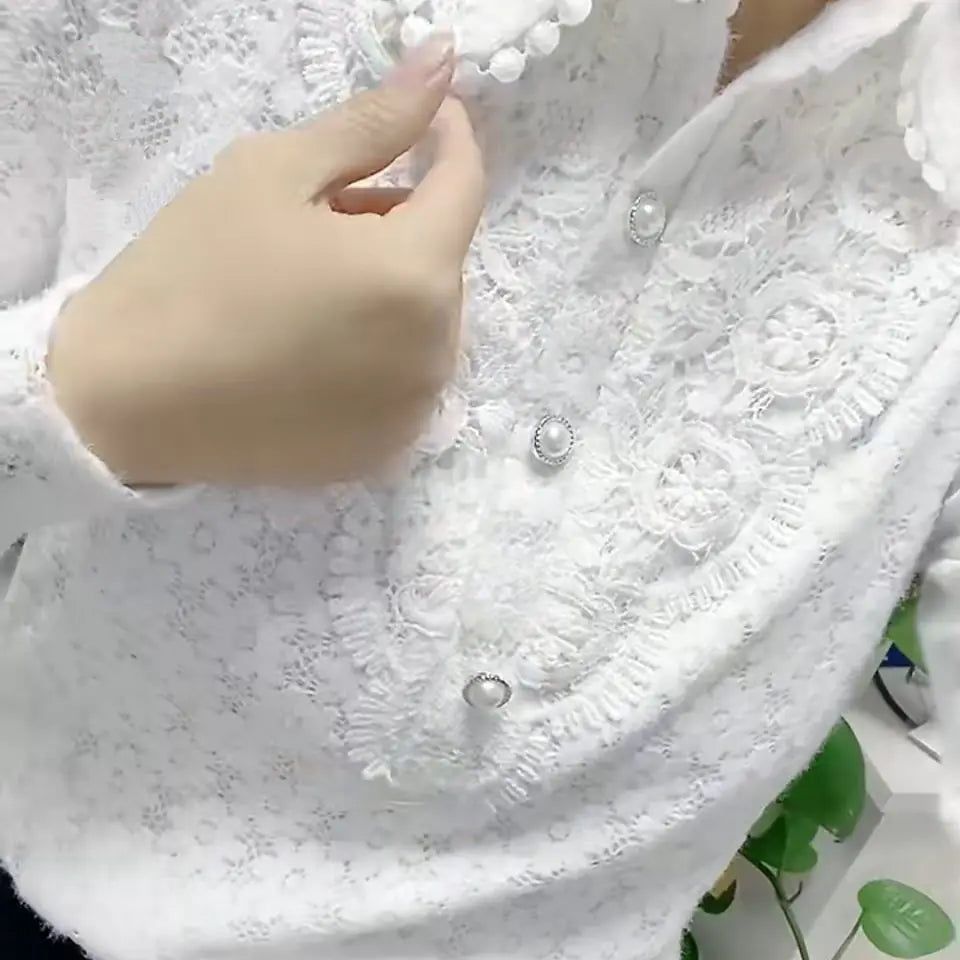 White All-match Fashion Jacquard Open Stitch Shirt Long Sleeve Polo-Neck Office Lady Chic Sexy Spring Autumn Loose Casual Blouse