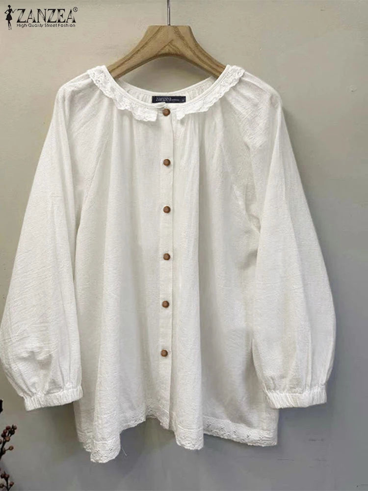 ZANZEA Spring Long Sleeve Solid Cotton Blouse Elegant Women Shirt Vintage Lace Patchwork Tops Mujer Casual Buttons Down Blusas
