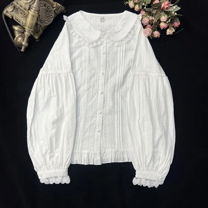 Sweet Lolita Blouses Women Cute Lace Bow Shirts Kawai Peter Pan Collar Long Sleeve Blouse Girl Cotton Comfortable Lolita Clothes