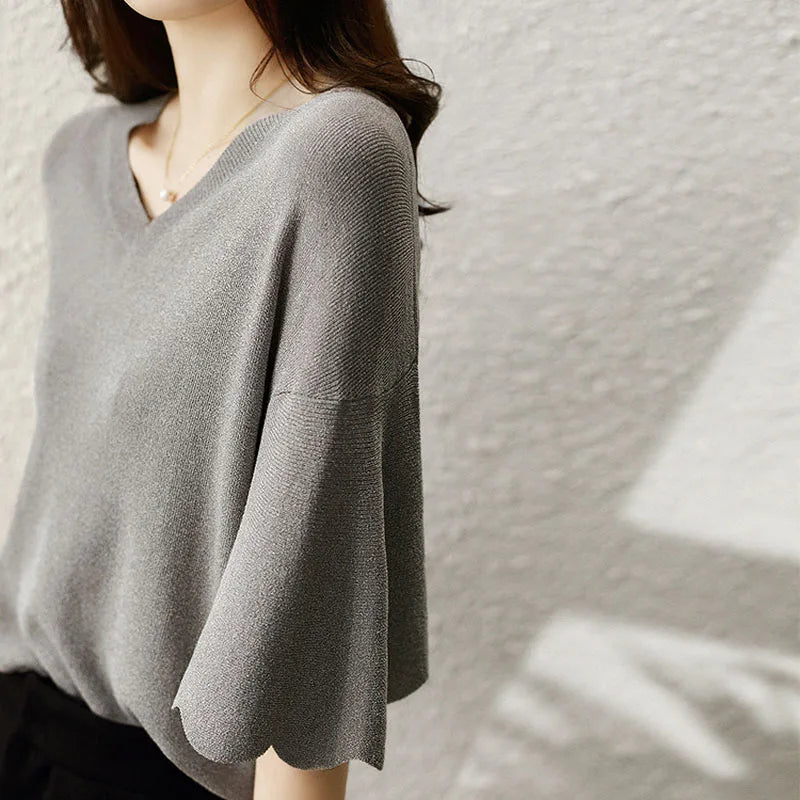 Women's Summer Knitted Shirt Petal Sleeve V-neck Solid Tops Loose Short Sleeve Ice Silk Sweater Fashion Women Shirt 14799