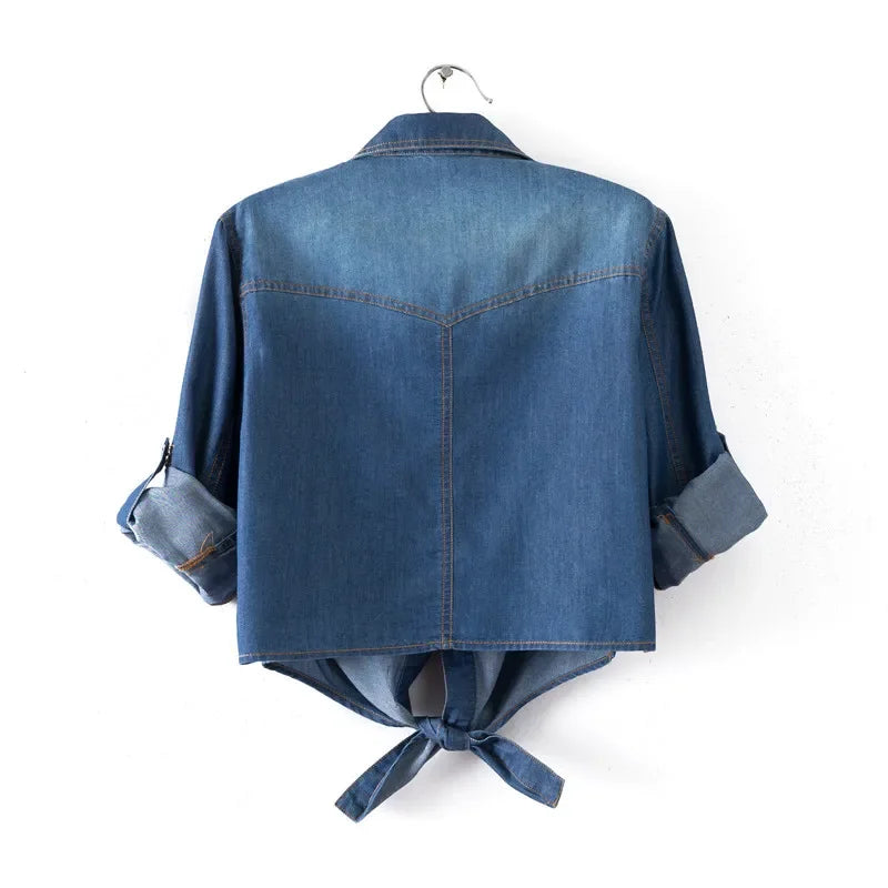 Spring Summer Curly Short Sleeve Thin Denim Jacket Female 6xl fashion Slim Knot Shirt Shawl Women's Outerwear Short Casual Tops