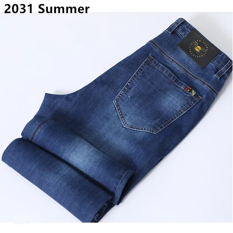 Extra Long Summer Jeans 117CM Tall Mens Thin Stretched Plus Size 40 42 44 Oversized Slim Fit High Waist Blue  Denim Trousers