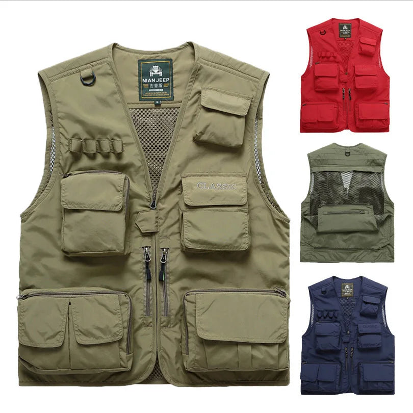 Waistcoat Vest Jacket Men Multi-Pocket Classic Summer Outdoor Work Safari Fishing Travel Photo Vest with Pockets Sleeveless Coat
