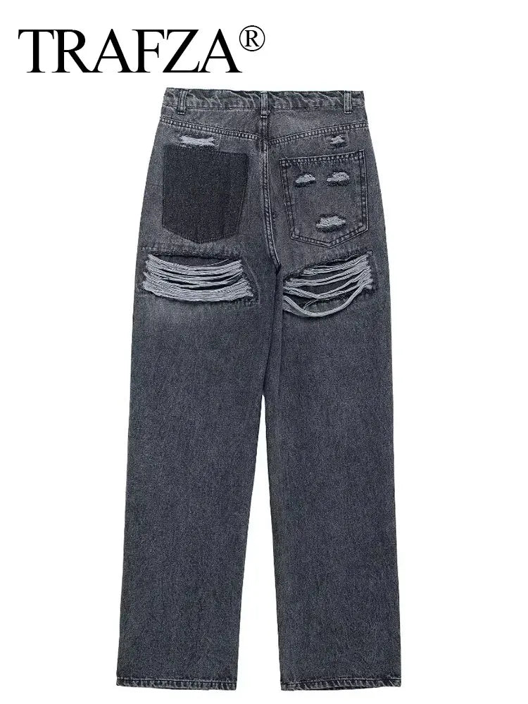 TRAFZA Jeans For Women Fashion Vintage Holes Decorated Denim Pant Patchwork High Waist Trousers Y2K 2024 High Street Lady Jeans