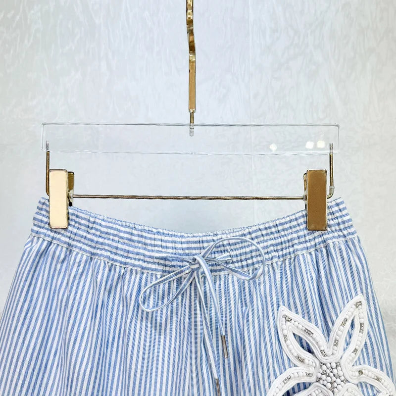 Blue and White Stripes Suit Heavy Industry Flower Embroidery Hollow Lapel Loose Shirt Skirt Design Sense Summer 2025 New Style