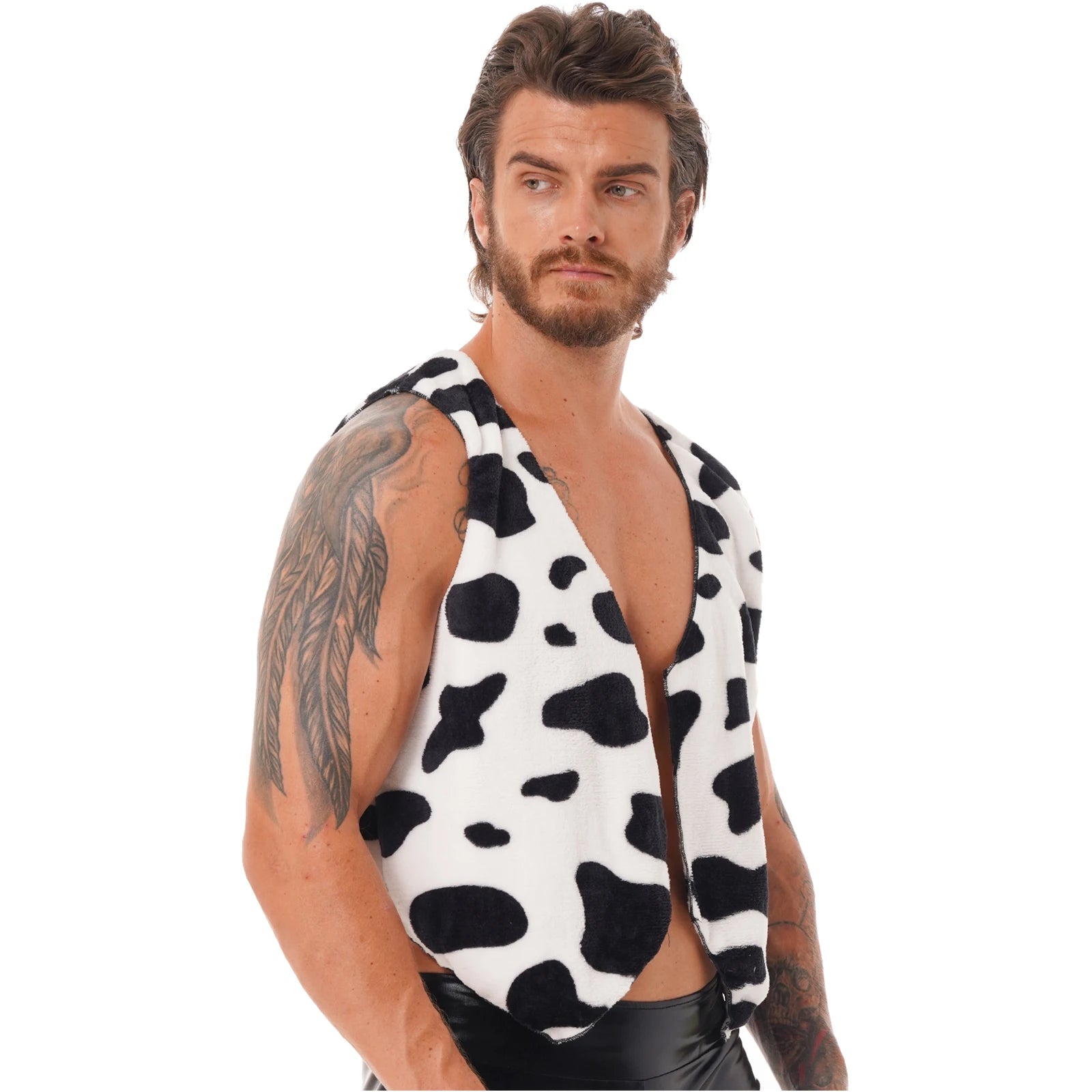 Men Cow Print Open Front Coat Jacket Vest Halloween Festival Hippie Costume Cowboy Cardigan Cosplay Party Fancy Dress Up