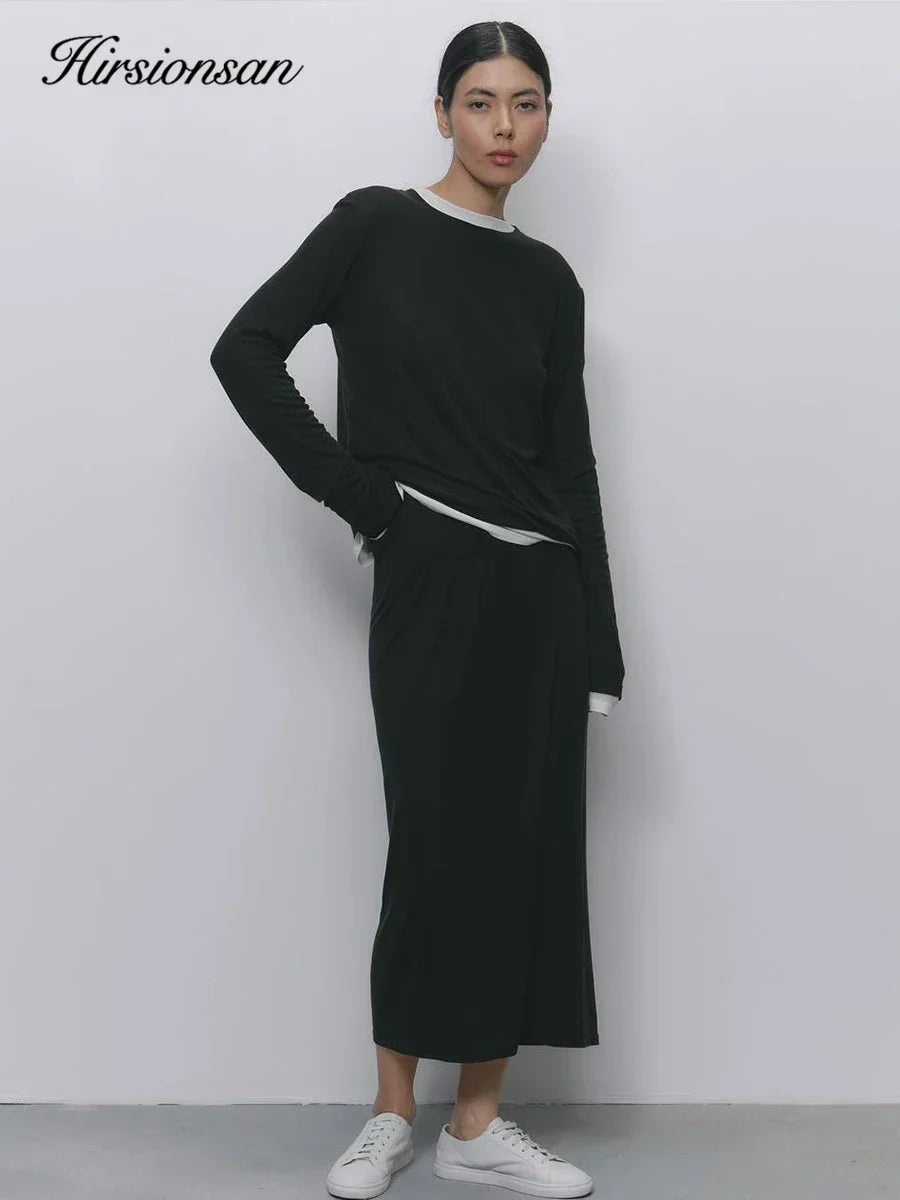 Hirsionsan Modal Soft Loose Sets Women 2025 Casual Two Pieces Long Sleeve T Shirts and High Waist Dresses Outfits Tracksuit