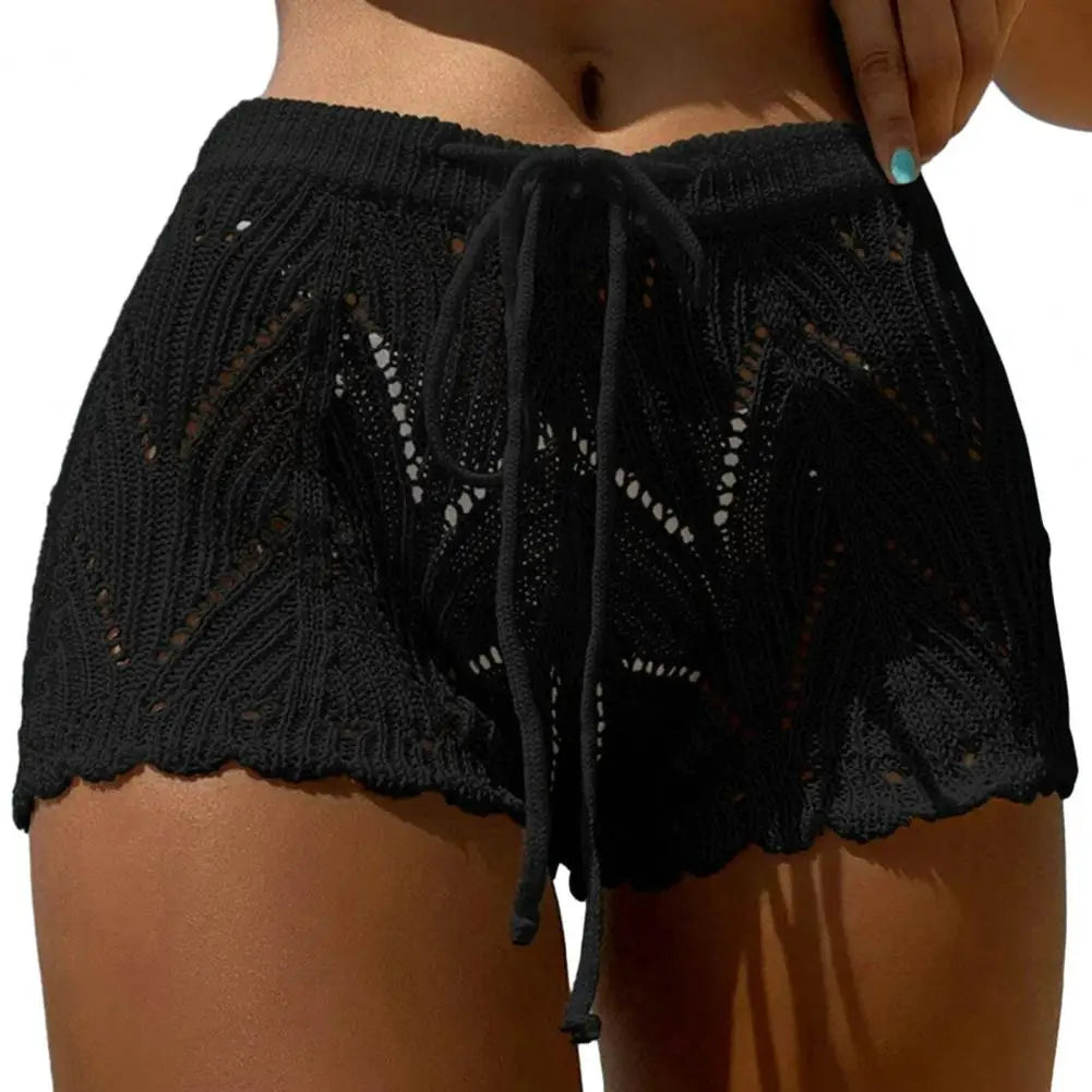 Breathable Summer Shorts Elegant Lace Beach Shorts for Women Hollow Out Knitted Drawstring Elastic Waist Bikini Shorts Soft