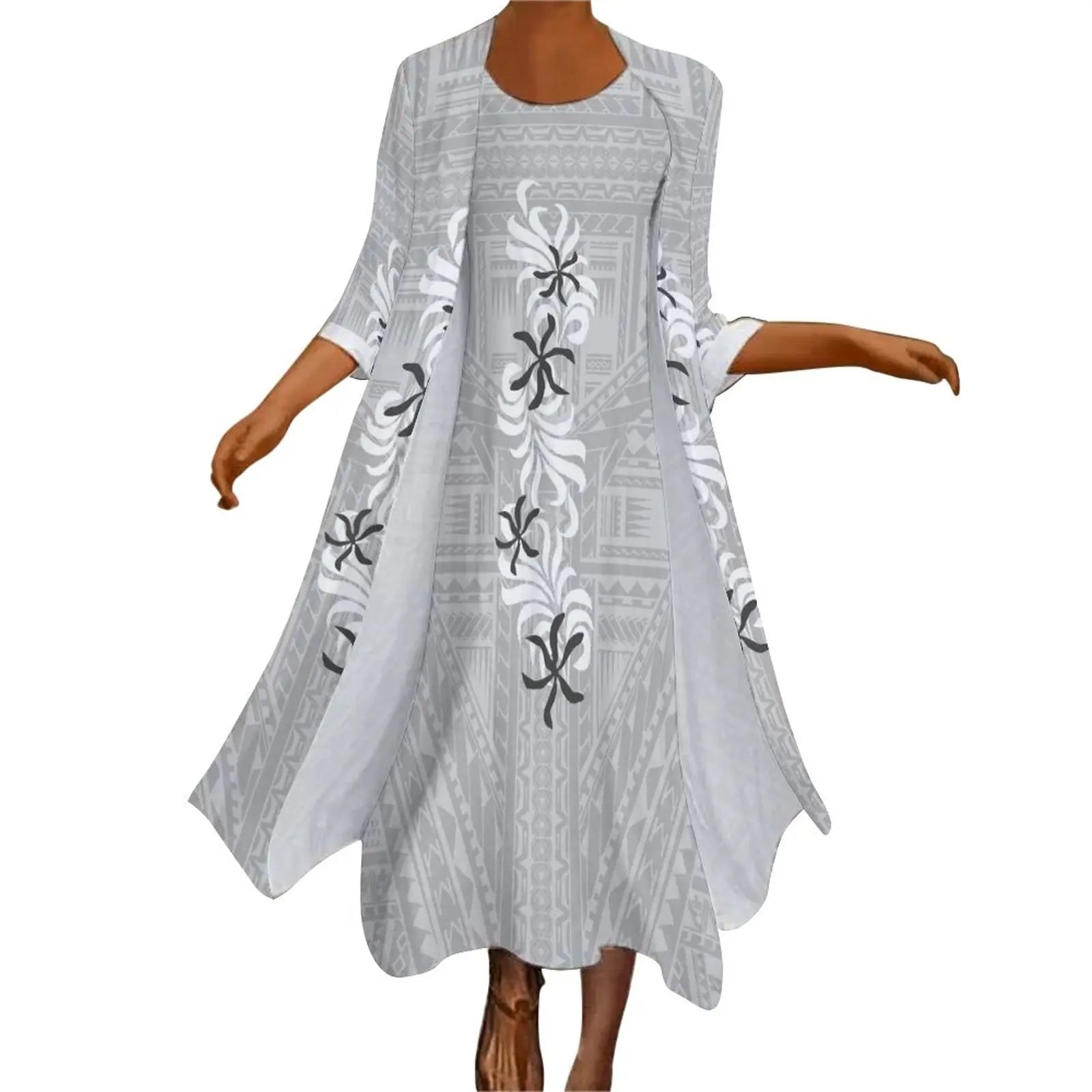 New high stretch two piece dress set women clothing custom Big people polynesian dress & Kimono cloak set women's cardigan suit