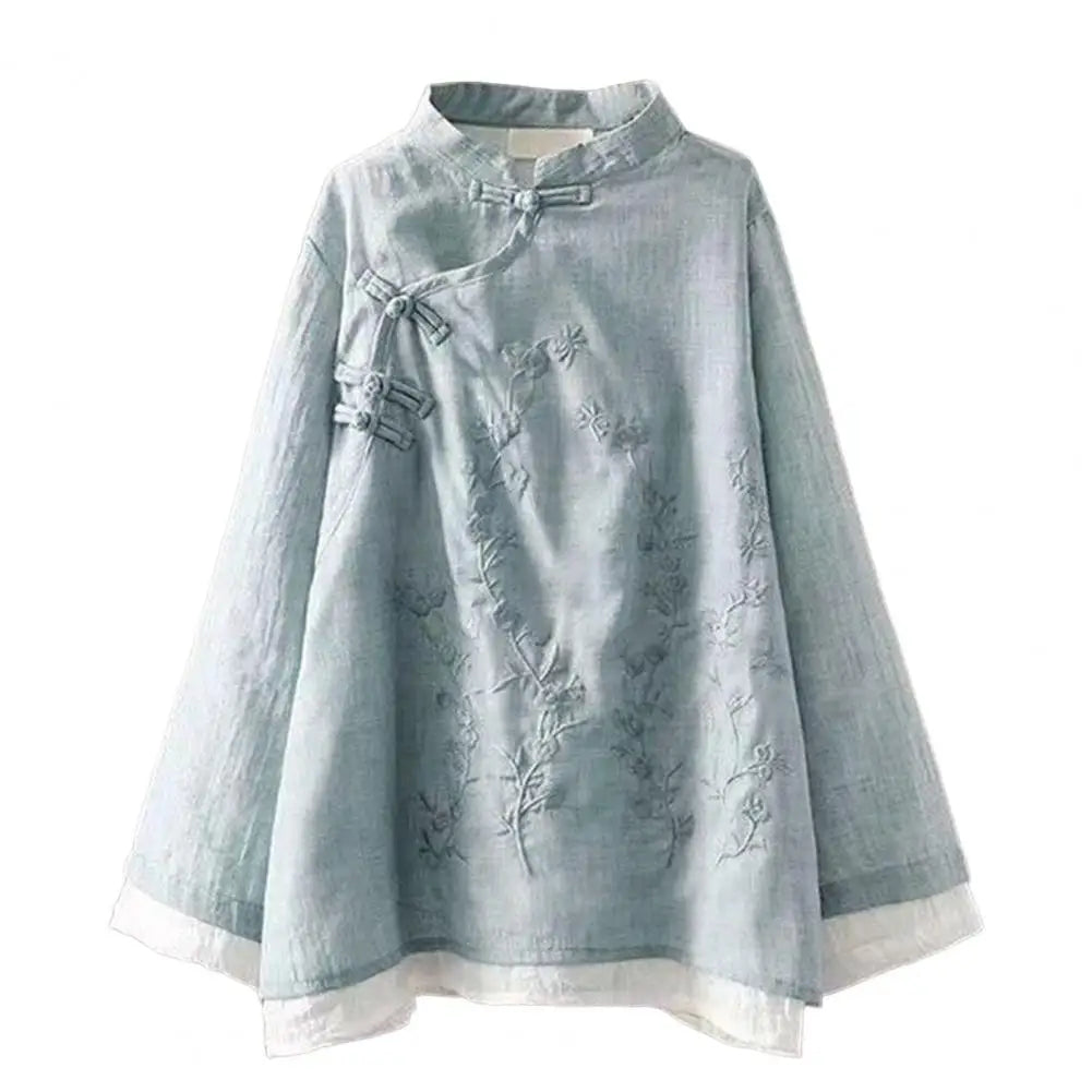 Women Spring Blouse Chinese Style Embroidered Flower Knot Button Vintage Shirt Loose Stand Collar Retro Shirt Lady Blouse Top