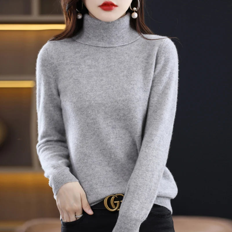 100% Merino Wool High Turnover Collar Knitted Sweater For Women's Autumn And Winter Warm Top Elegant 2YS Versatile Jiu Jia 206