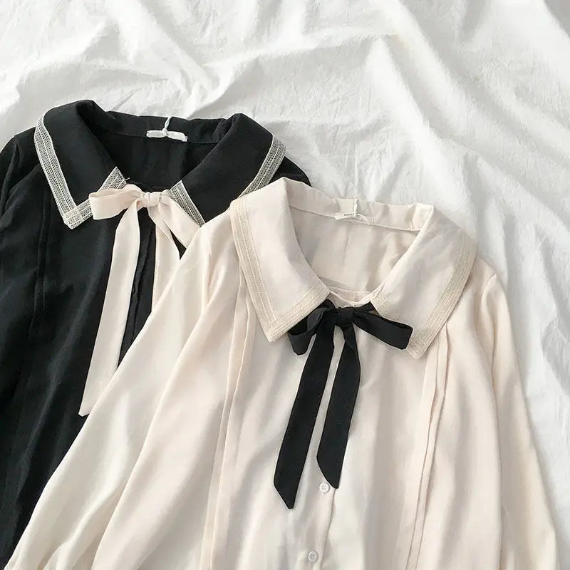 Large Size Niche Design Sense Single-breasted Women Shirt Autumn New Korean Lace-up Bow Blouse Female Solid Color Women Shirt