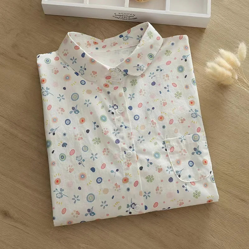 100% Cotton Shirts Women Autumn Spring Japan Style Flower Print Tops Morigirl Long Sleeve Blouses Mori Kei Clothing