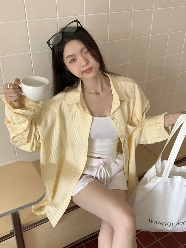 Korean Yellow Striped Shirt Women Lazy Wind Loose Preppy Style Blouse Vintage Long Sleeve Casual Female Sweet Tops New