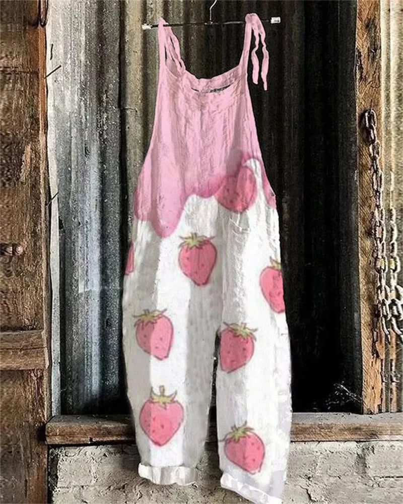Women's Summer Bohemian Casual Jumpsuit Wide Leg Overalls Fruit 3D Print Loose Jumpsuit Pants