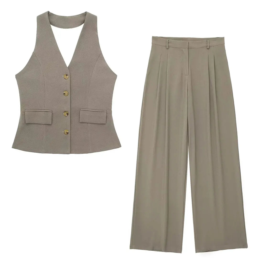 TRAFZA Women Fashion Solid Pant Suit Halter Single Breasted Sleeveless Blazer Vest Top Zipper Fly Trousers Office Lady Sets