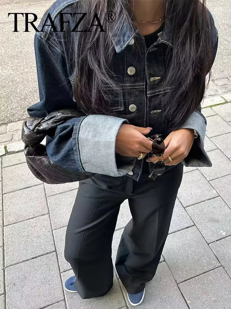 TRAFZA 2024 Autumn Female Vintage Denim Suit Long Sleeve Single Breasted Lapel Coat+High Waist Wide Leg Jeans Street Fashion Set