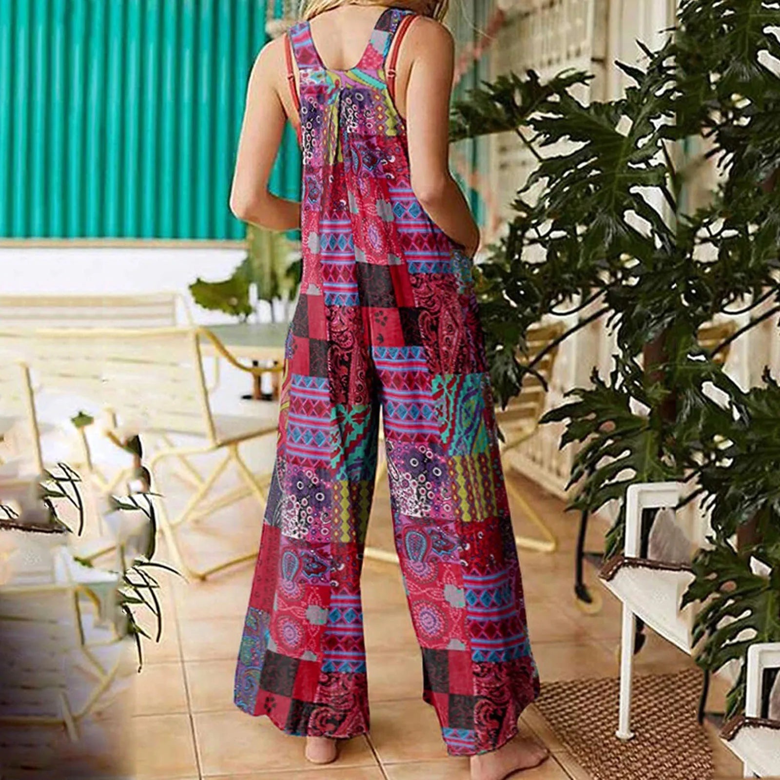 Women Jumpsuits Summer Overalls Multicolor Ethnic Style Square Neck Sleeveless Casual Rompers with Pockets for Girls Playsuit