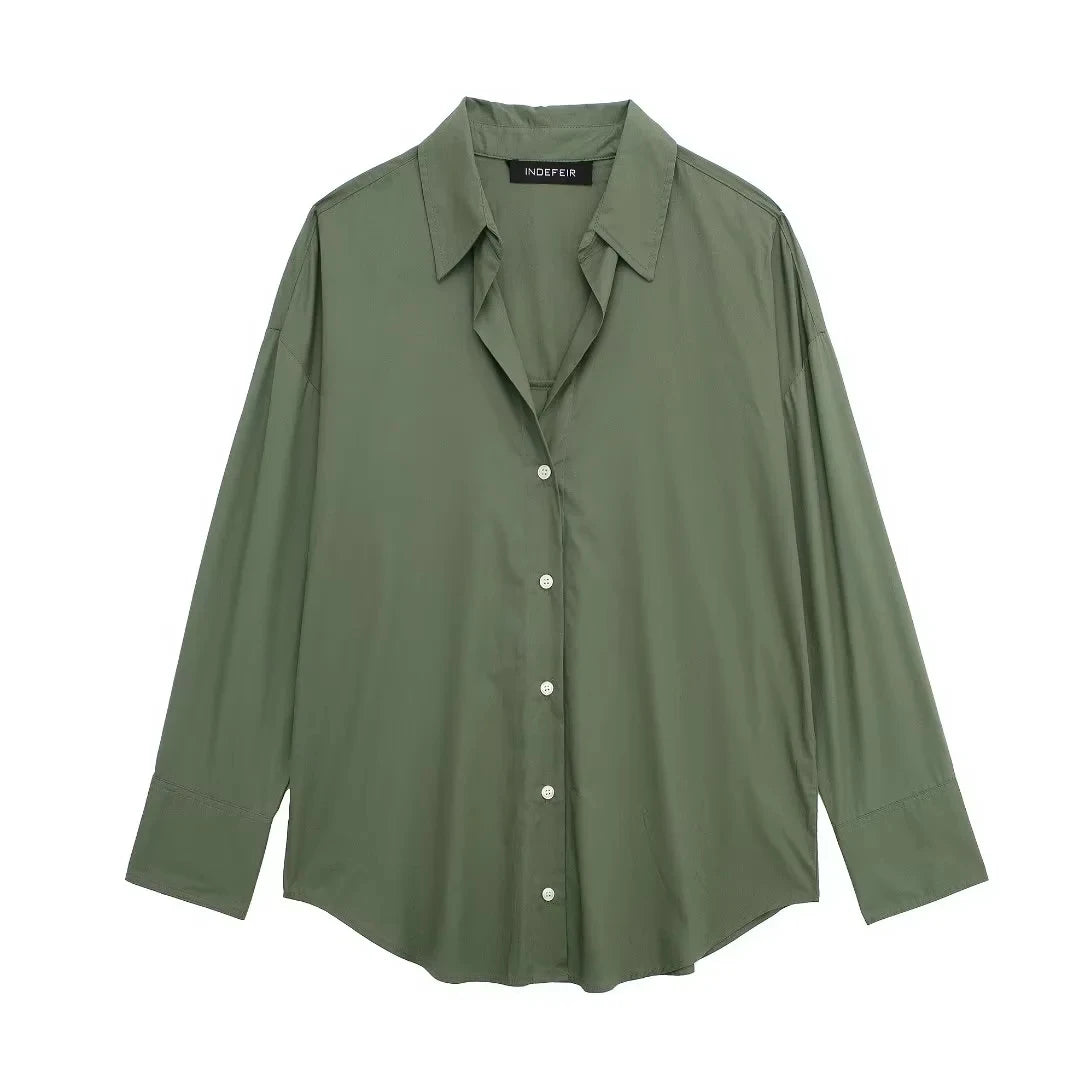 TRAFZA 2024 Spring New Women's Poplin Office Shirt Chic V Neck Single Breasted Elegant Women's Striped Casual Shirt Streetwear