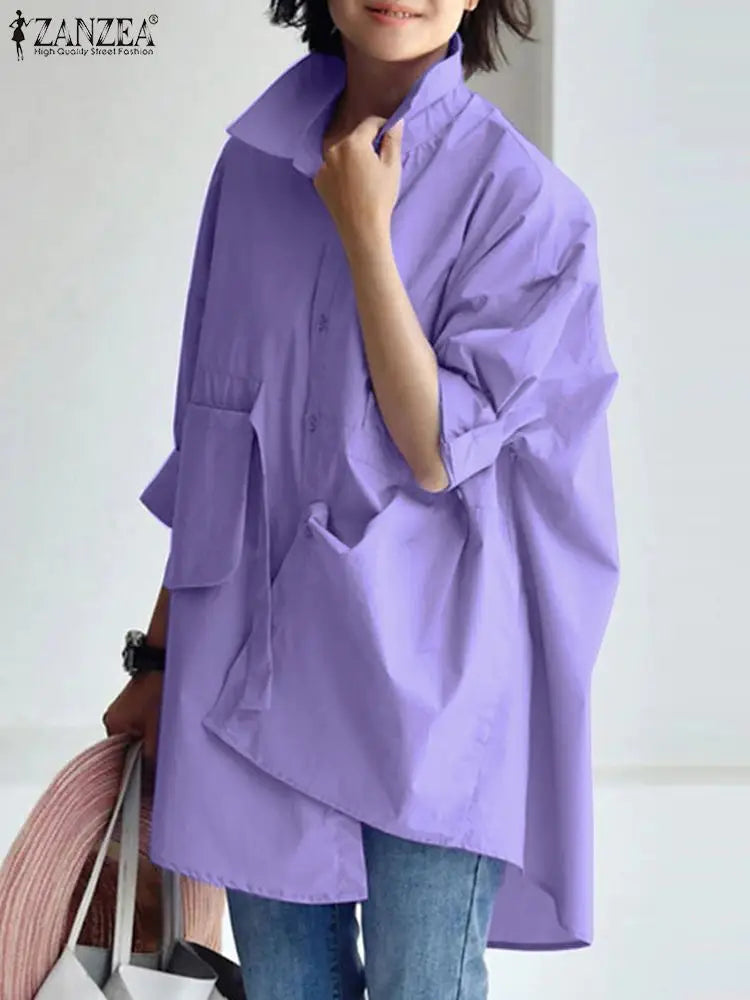 2025 ZANZEA Women Oversized Shirt Autumn Fashion Loose Long Sleeve Collared Blouse Elegant Casual Solid Chemise Tops Streetwear