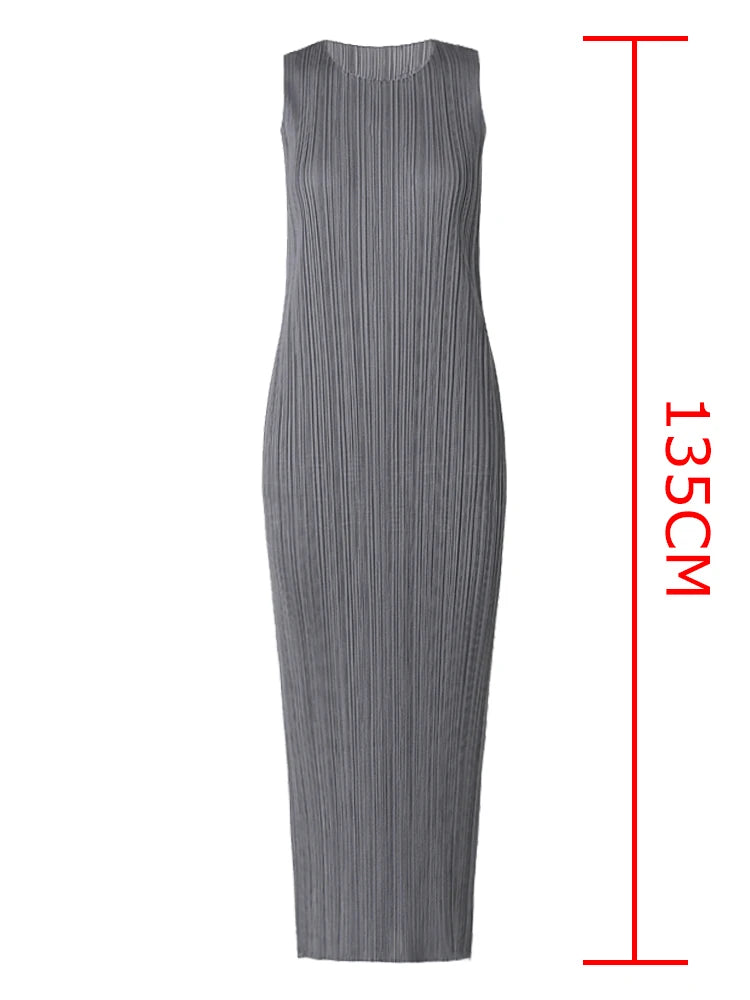 Miyake Pleated Women Dress Summer Sleeveless Long Classic Korean Fashion Casual Elegant Female Lce Water Blue Beach Dress TP5045