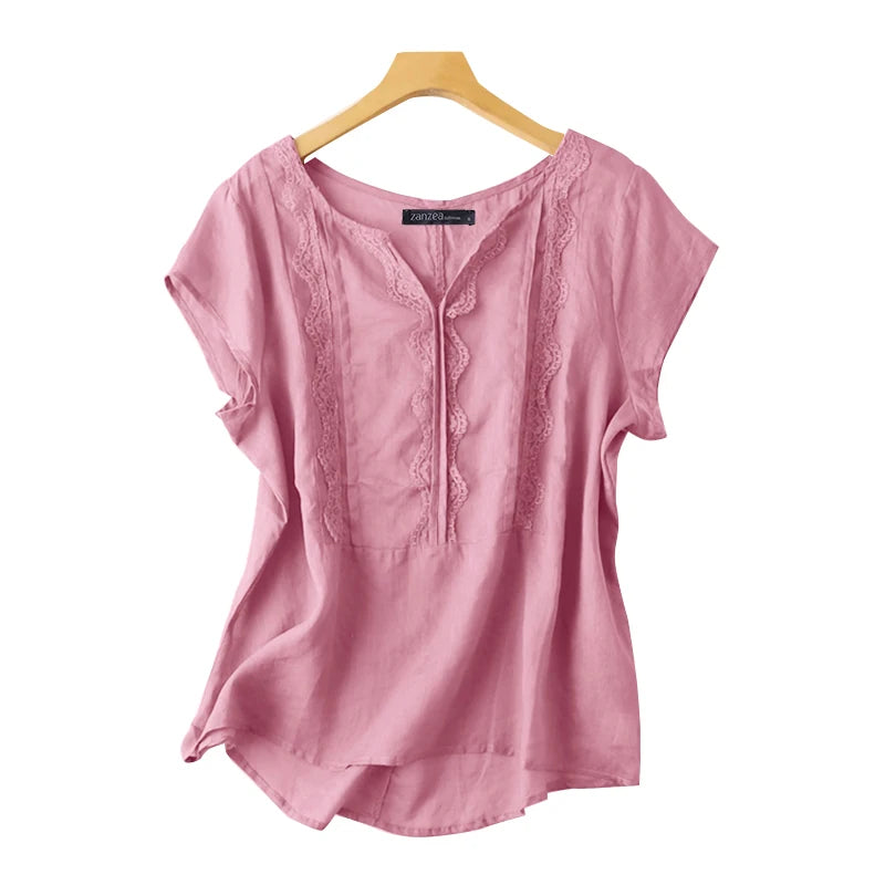 ZANZEA Casual Lace Stitching Tops Women Blouse V-neck  Loose Holiday 2024 Summer Shirts Solid Color Vintage Short Sleeve Blusas