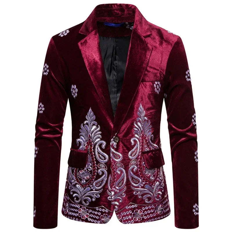 New Men's Luxury Blazer Costume Stage Jacket Suit Male Velvet One button Gold Thread Embroidered Dress Suits for Men