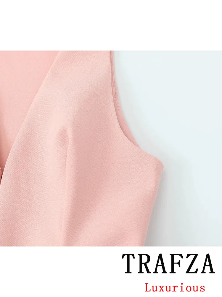 TRAFZA Vintage Chic Solid Women Suit V Neck Sleeveless Sashes Vest Blazer Straight Shorts New Fashion 2025 Summer Office Sets