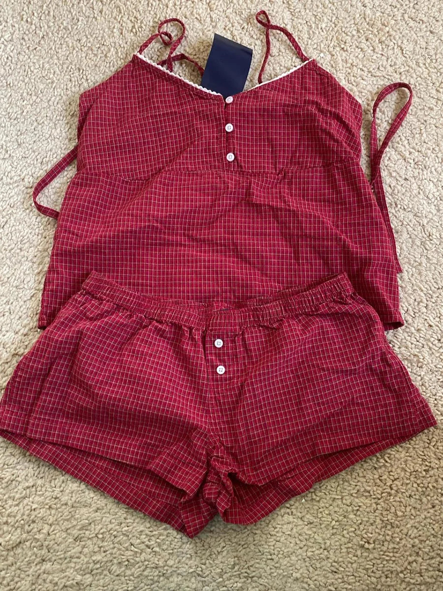 Navy Plaid Tank Shorts 2 Piece Sets Woman Lace Trim Buttons Lace-up Camis+Drawstring Sweatshorts Vintage Sweet Home Cotton Set