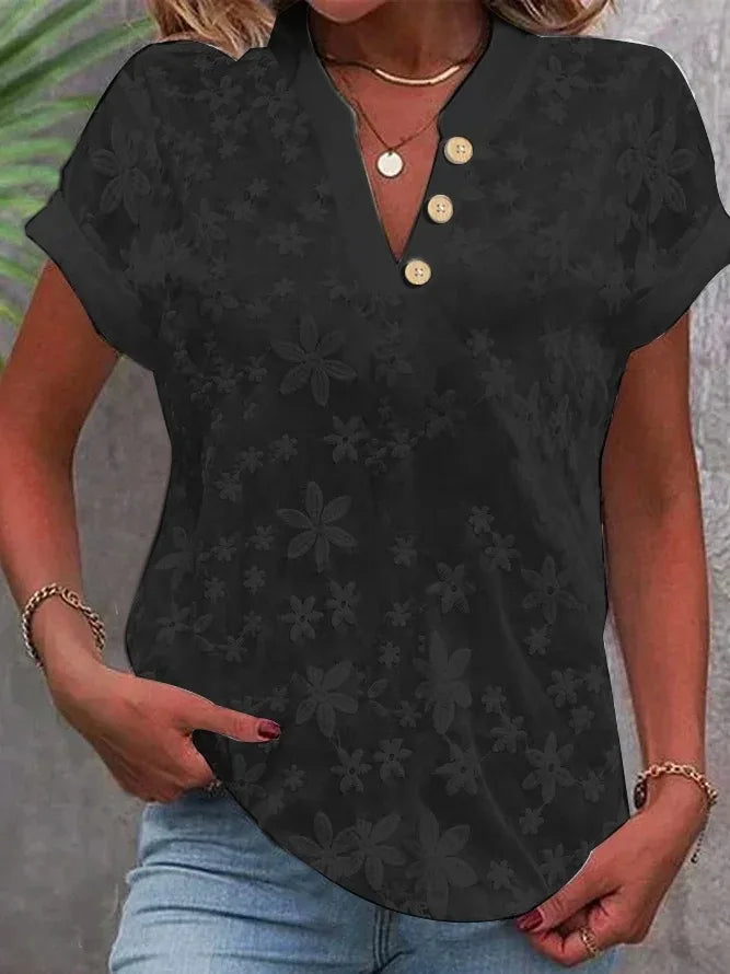 Women Shirt Pullover Solid Blouses Spliced V Neck Shirts Casual Summer 2024 Loose Fit Slight Strech Button Basics Embroidery