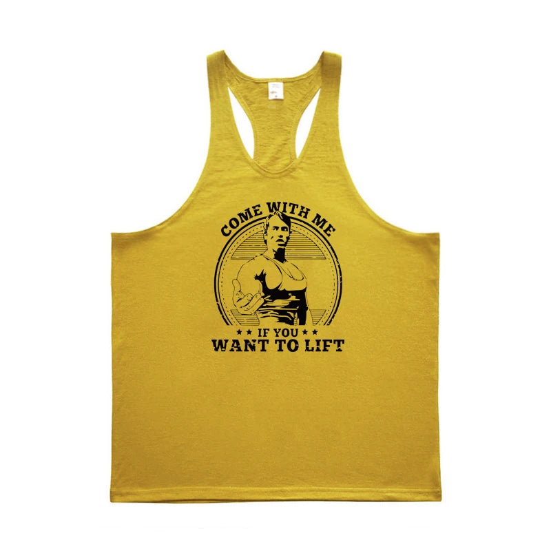 Come with Me If You Want To Lift Arnold Profession Bodybuilding Stringer Singlets Mens Y Back Gym Tank Tops Cotton Fitness Shirt
