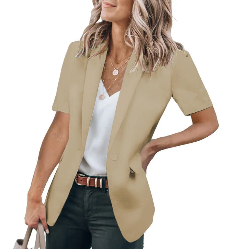Summer women's temperament, fashionable and loose fitting small suit, European and American solid color suit collar, short sleev
