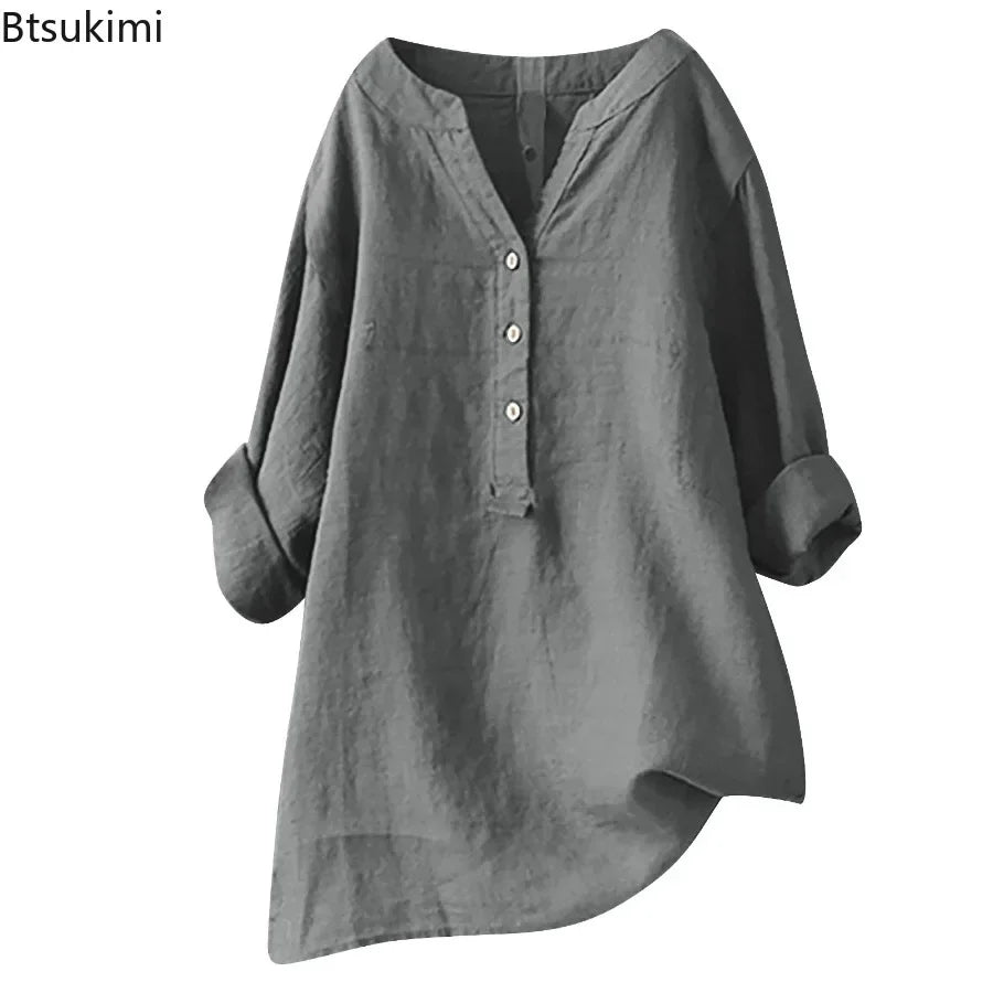 2025 Vintage Cotton Linen Shirts for Women Spring Summer Casual Loose Long Sleeve Shirt Ladies Oversize V-neck Blouse Tunic Tops