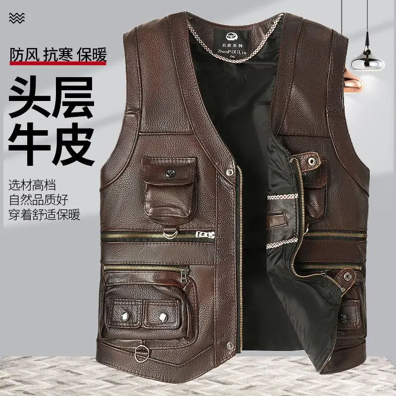 2024 Men Spring Autumn New Cowhide Genuine Leather Vest Mens Slim Fit Real Leather Waistcoat Male Multi Pocket Zipper Vest D372
