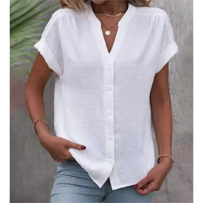 2024 Summer New Solid Color Jacquard V-neck Button Women's Shirt Elegant Office White Cardigan Shirt Loose Tops Blusa Feminina